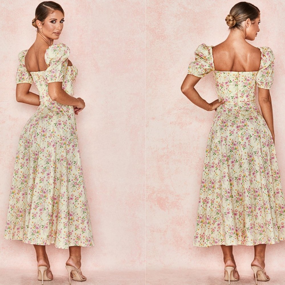 HOUSE OF CB 'Tallulah' Lemon Floral Puff Sleeve Midi Sundress NWOT - Picture 5 of 9